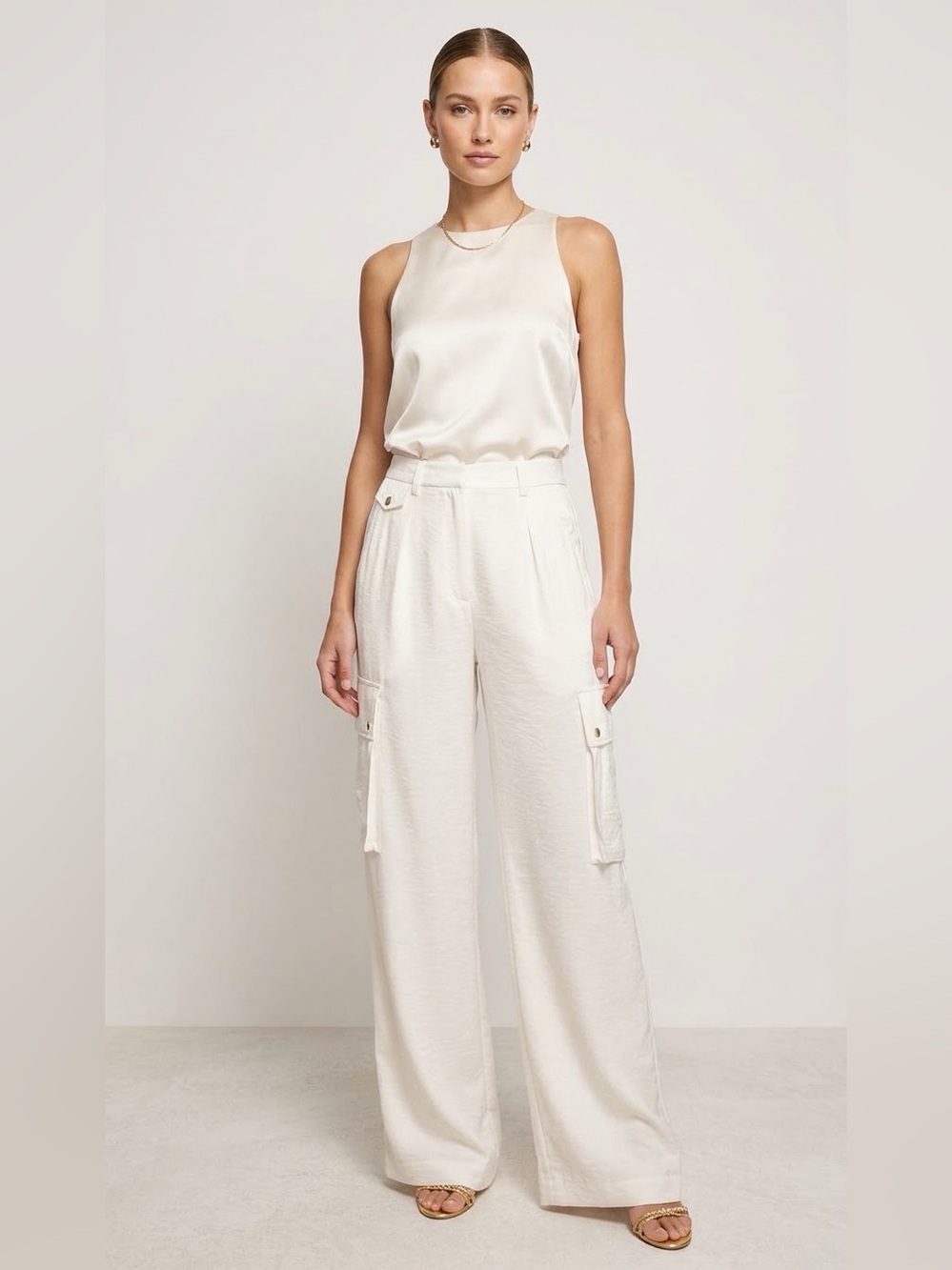 NWT Ramy Brook Emil Cargo Pants Size 12 Ivory Rayon High Waist Wide Leg $395